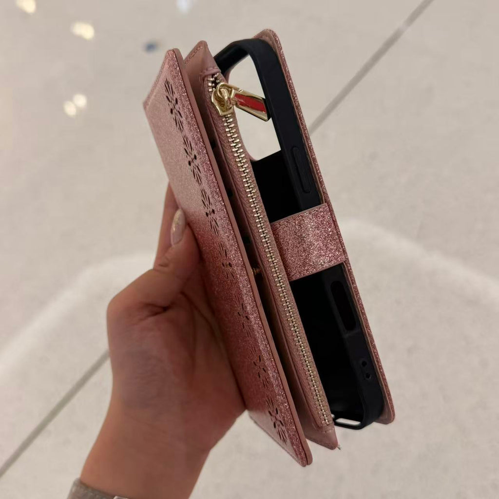 Glitter Wallet Folio Phone Case – Zip Pocket, Card Slots