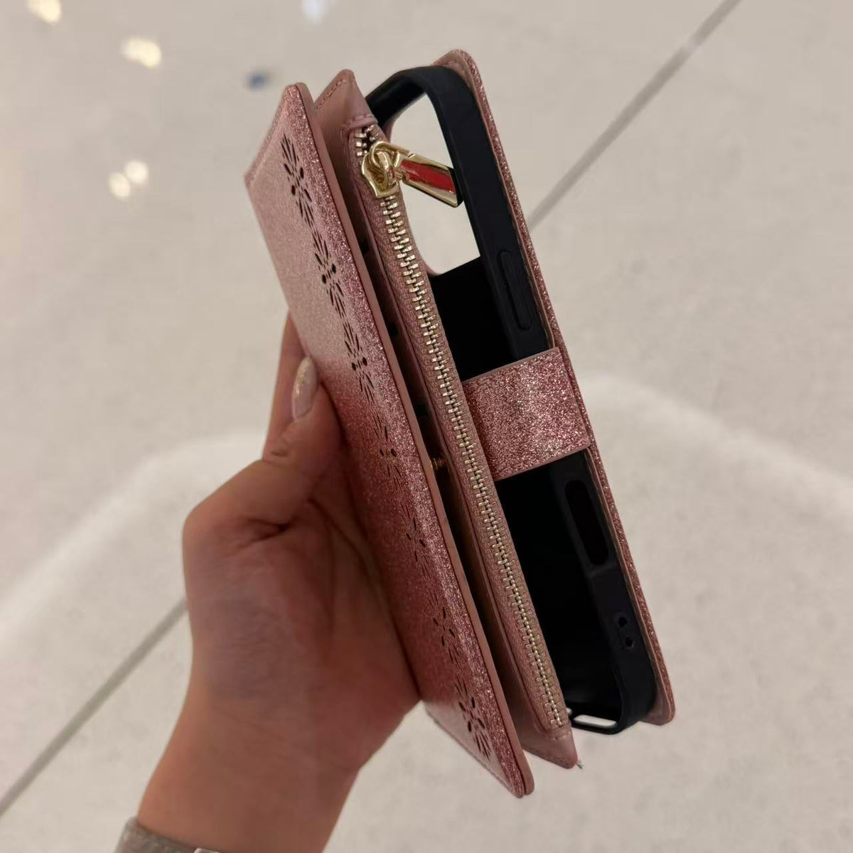 Glitter Wallet Folio Phone Case – Zip Pocket, Card Slots