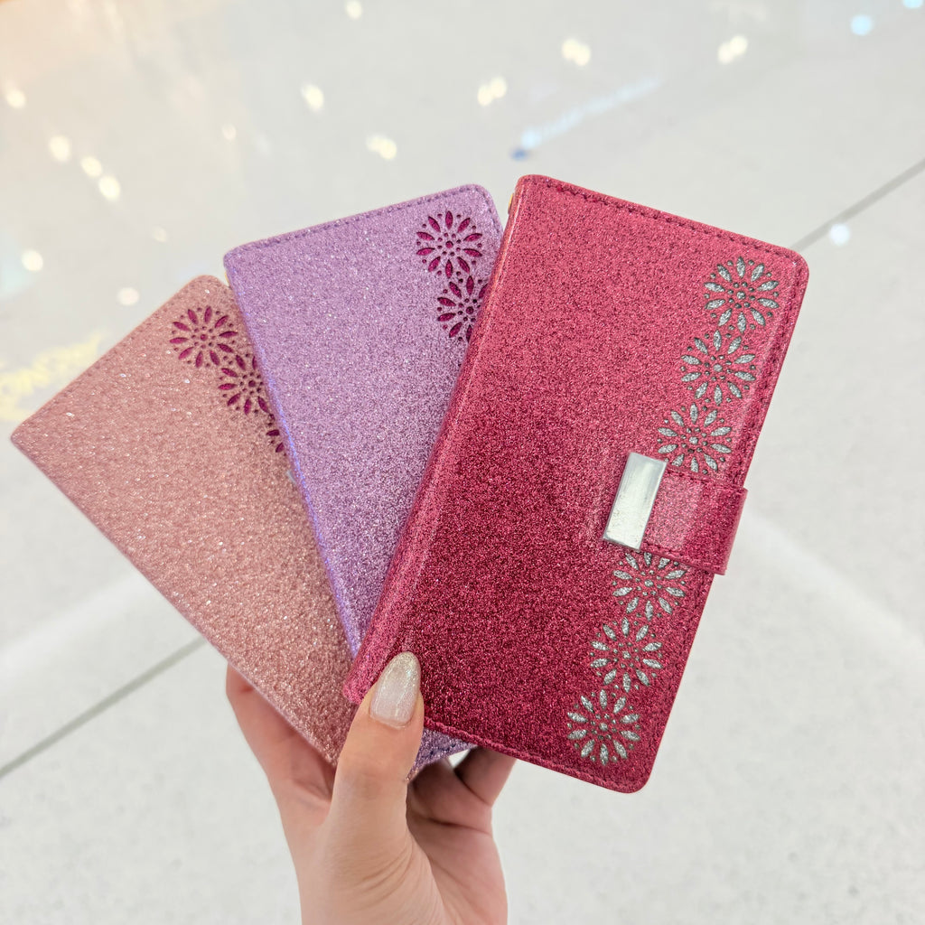 Glitter Wallet Folio Phone Case – Zip Pocket, Card Slots