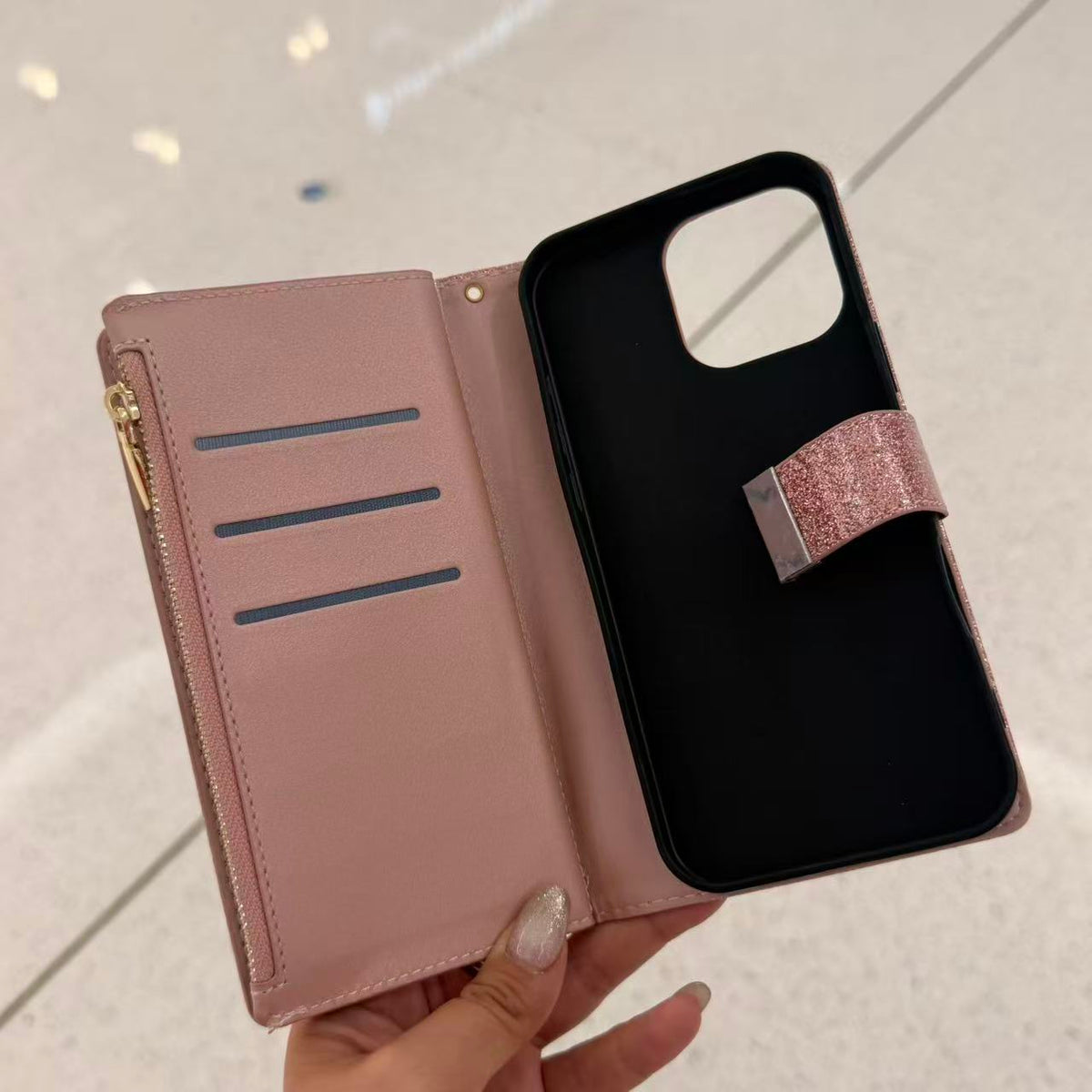 Glitter Wallet Folio Phone Case – Zip Pocket, Card Slots